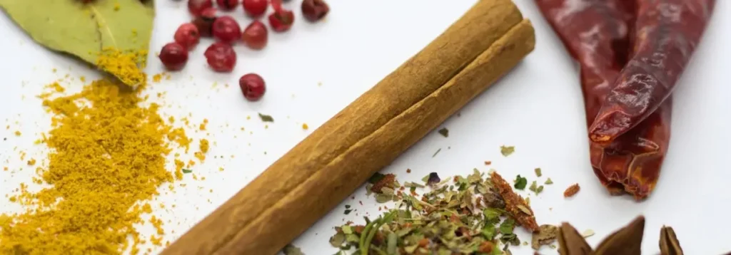 Turmeric powder, cinnamon sticks, dried red chilies, pink peppercorns and herbs on white